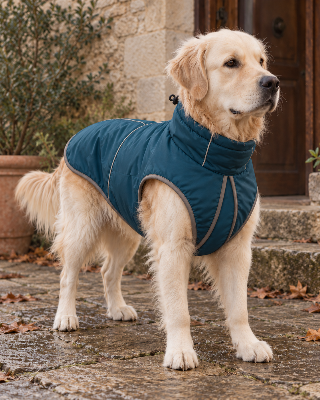 Golden retriever con abrigo azul de dos piezas delanteras y pecho cubierto junto a una entrada de piedra