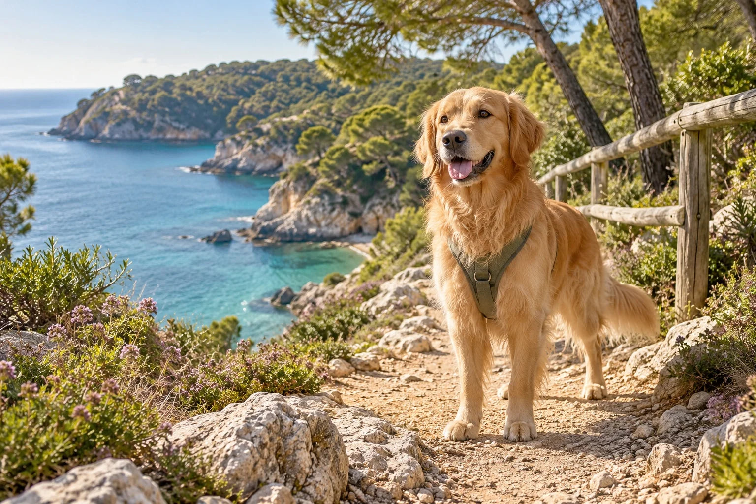 Imagen de ambiente: golden retriever en un sendero junto al mar